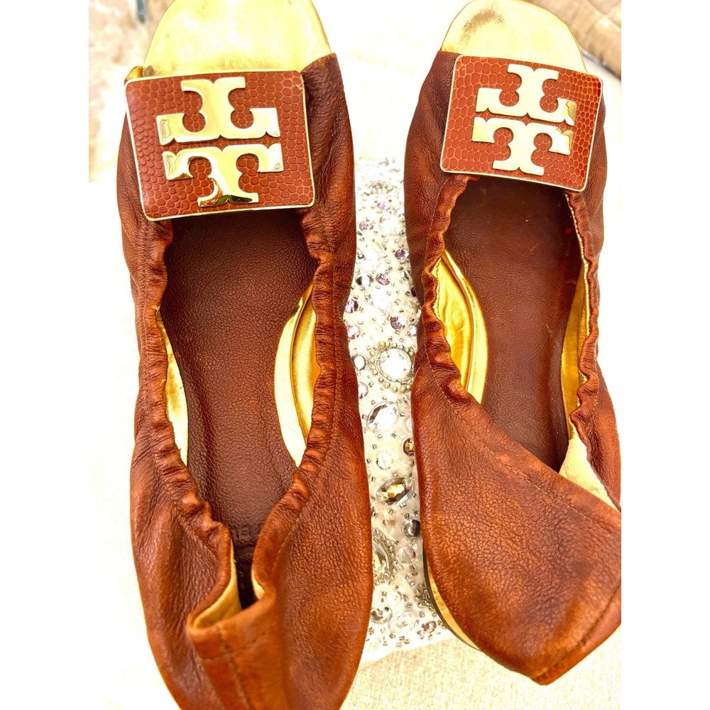 Vintage TORY BURCH Brown Leather Gold Accent Peep-toe Shoes Good Year Soles